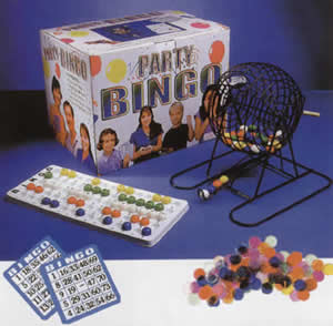 Bingo game showing bingo cards, tokens and balls.