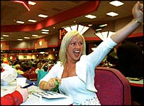 Shouting BINGO at the bingo hall!