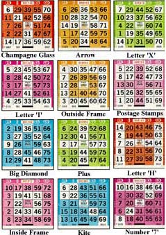 Bingo card patterns used in games.