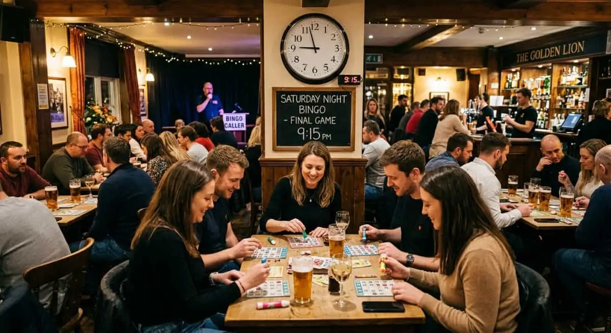 People staying late in the pub to finish their bingo cards.