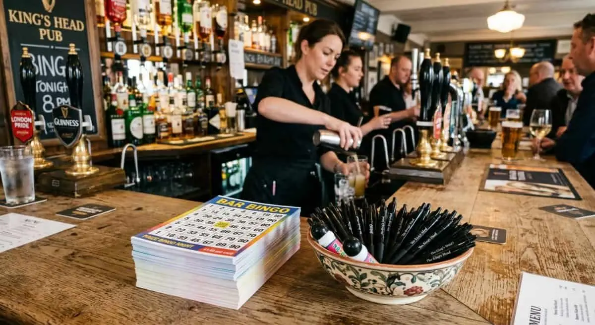 Bingo cards and pens ready for customers on a bar counter.