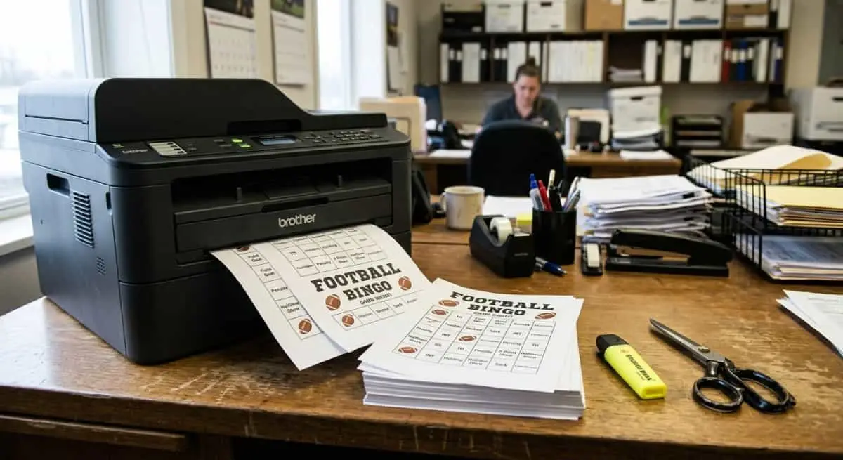 Football bingo cards being printed and prepared.