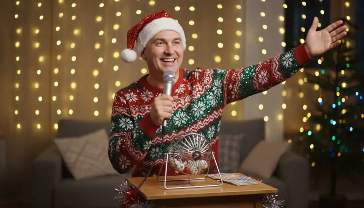 An energetic Christmas bingo caller engaging with the players.