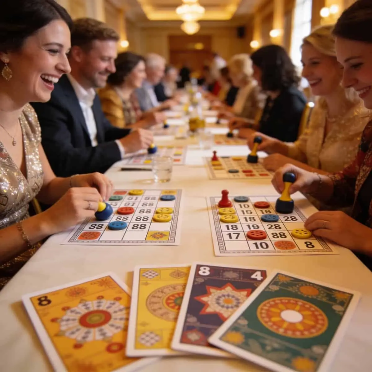 People enjoying a lively game of bingo with custom-designed cards.