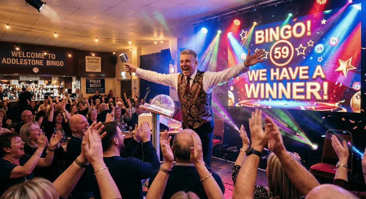 Energetic bingo caller addressing an enthusiastic audience.