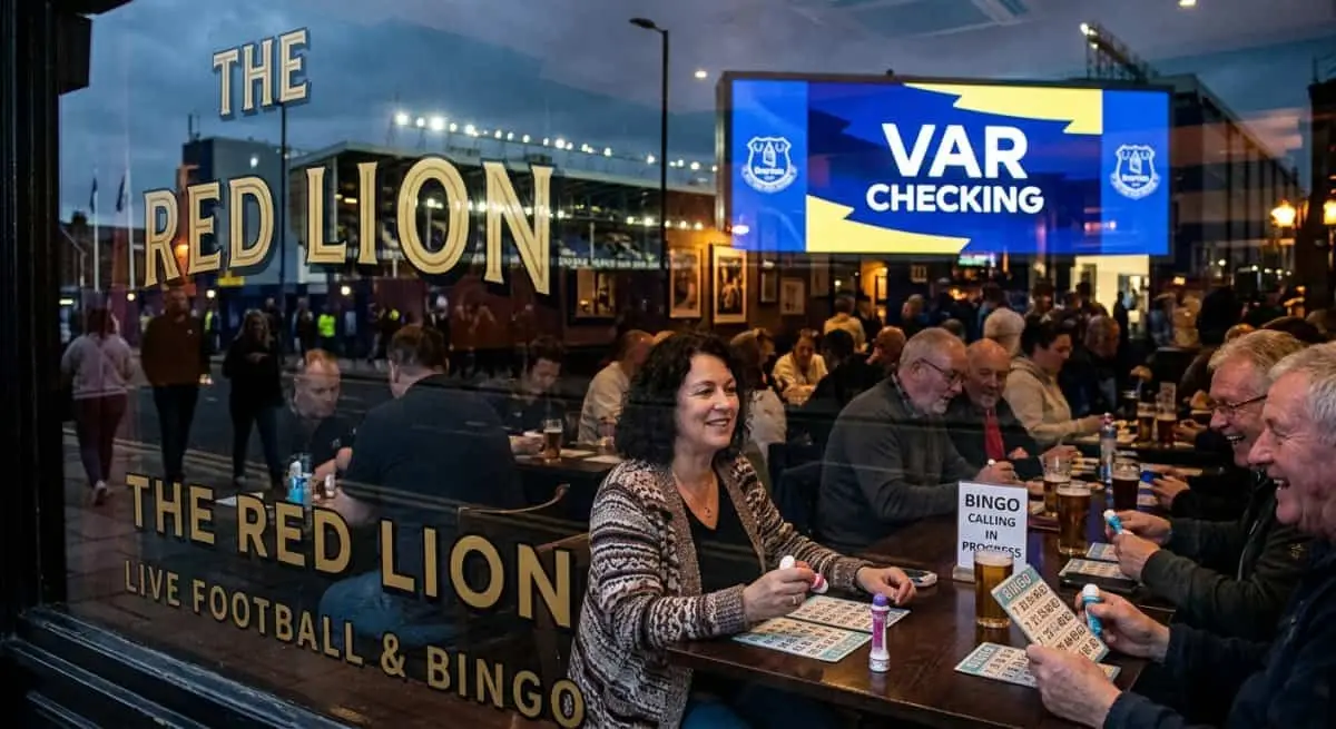 The VAR graphic on a screen reflected in a pub window.