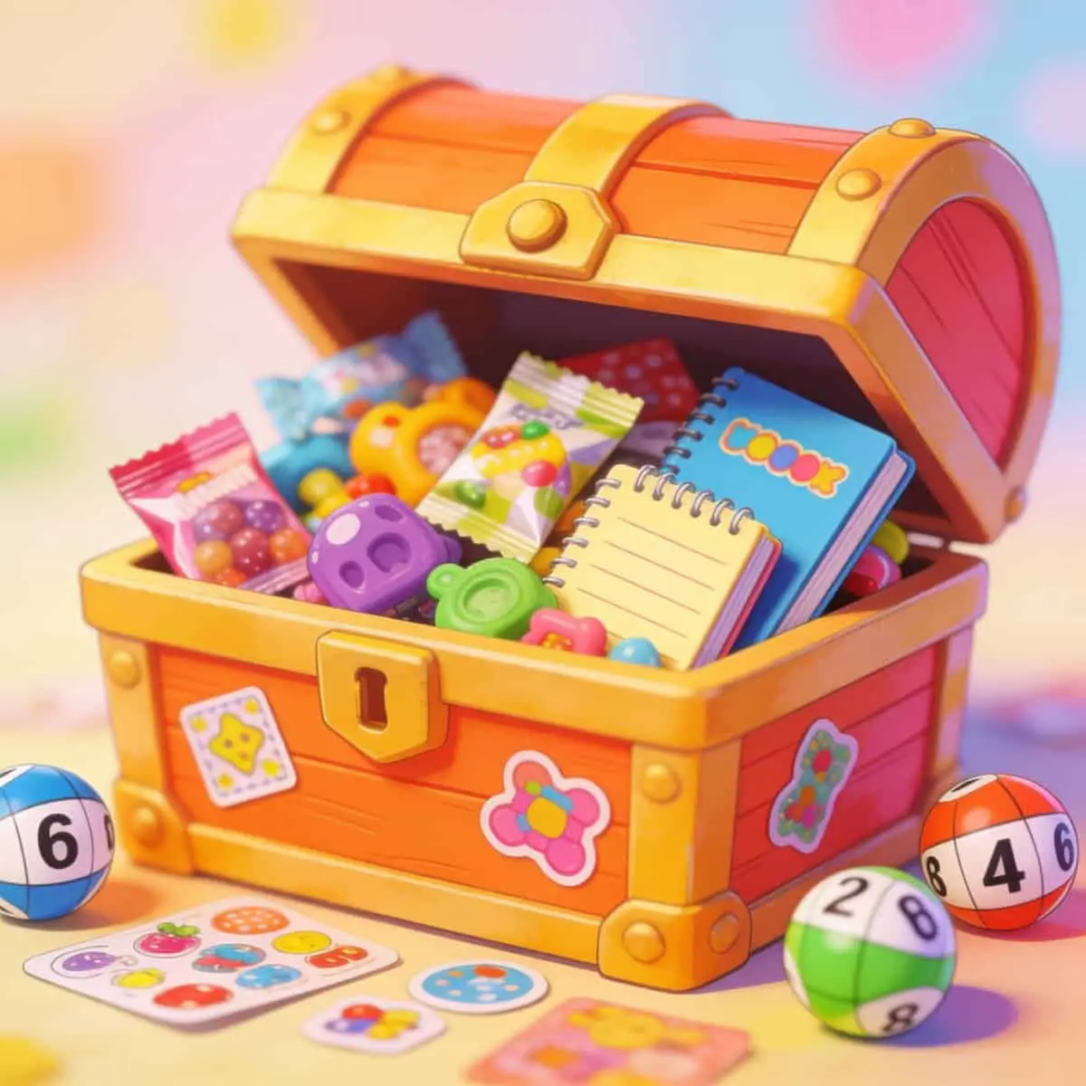 Treasure chest filled with child-friendly prizes.
