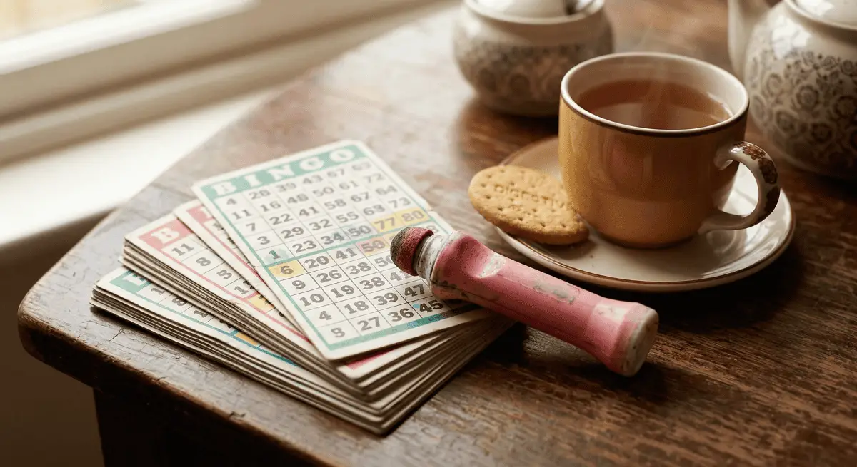 Still life of bingo cards, tea, and a dabber.