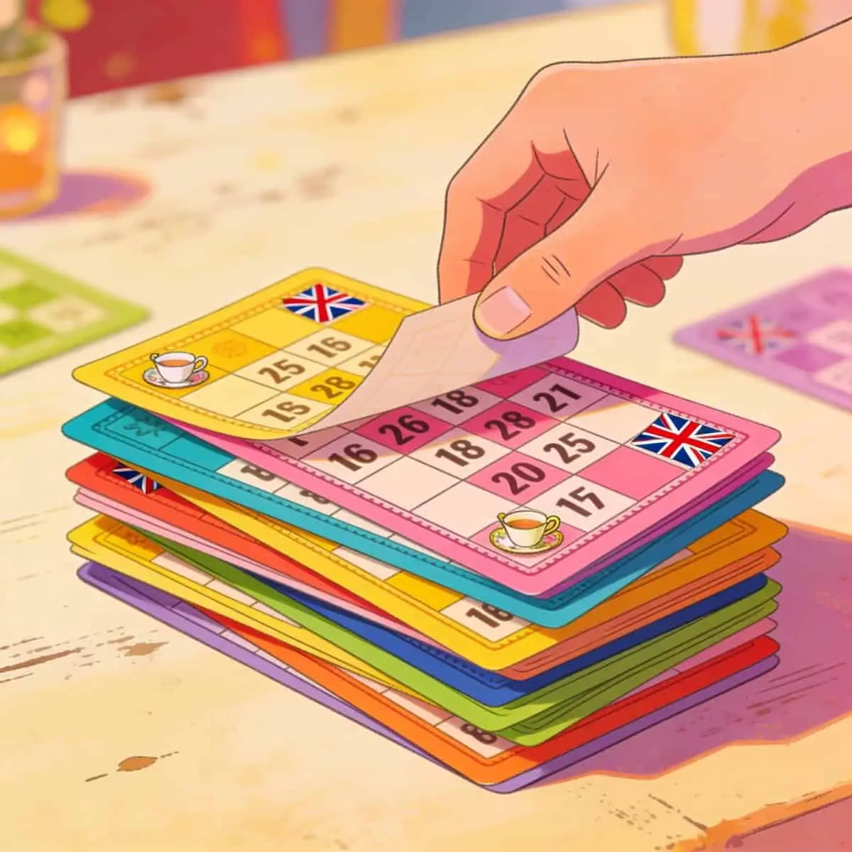 Stack of colourful, themed bingo cards with a hand reaching for one.