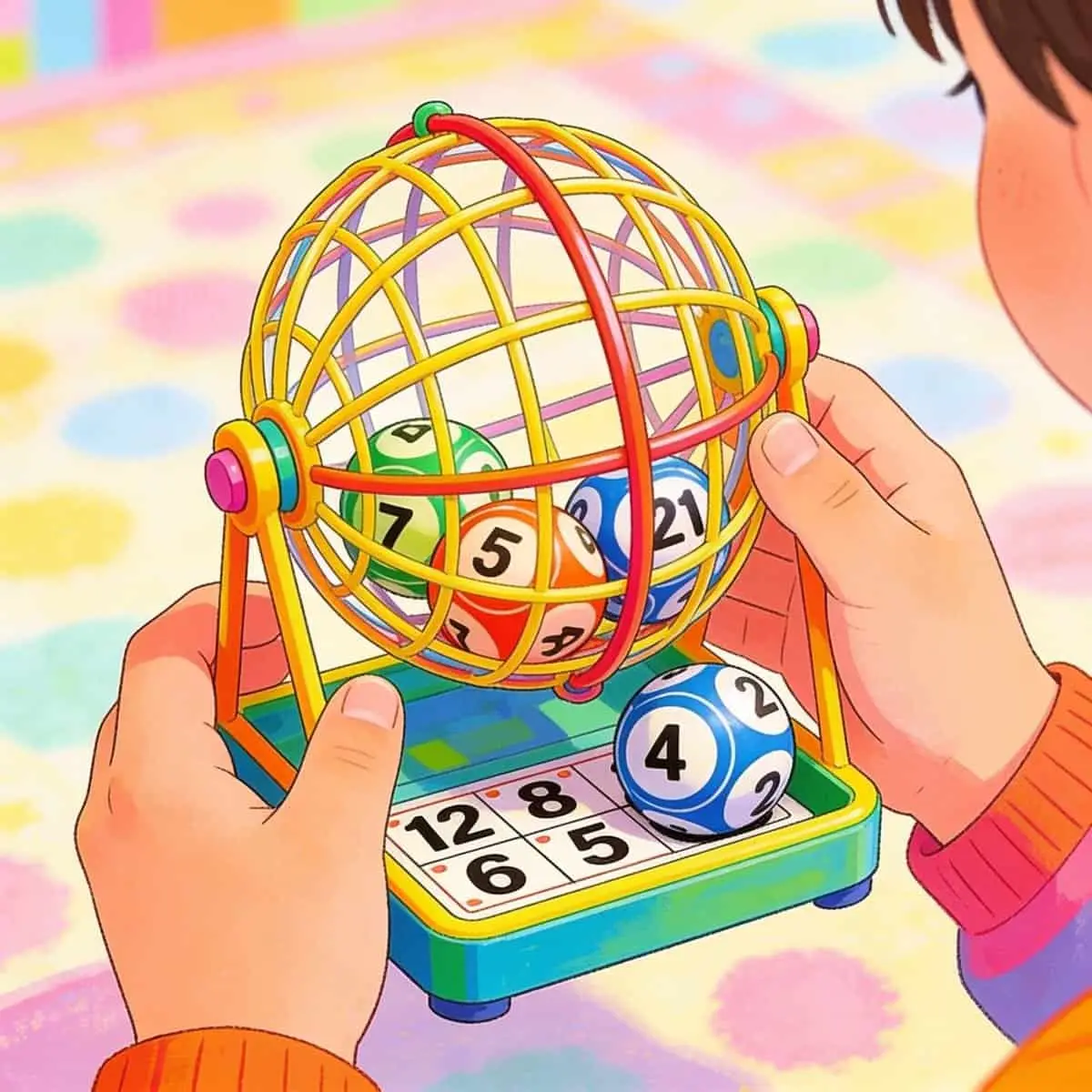 Child holding a bingo cage with colourful balls.