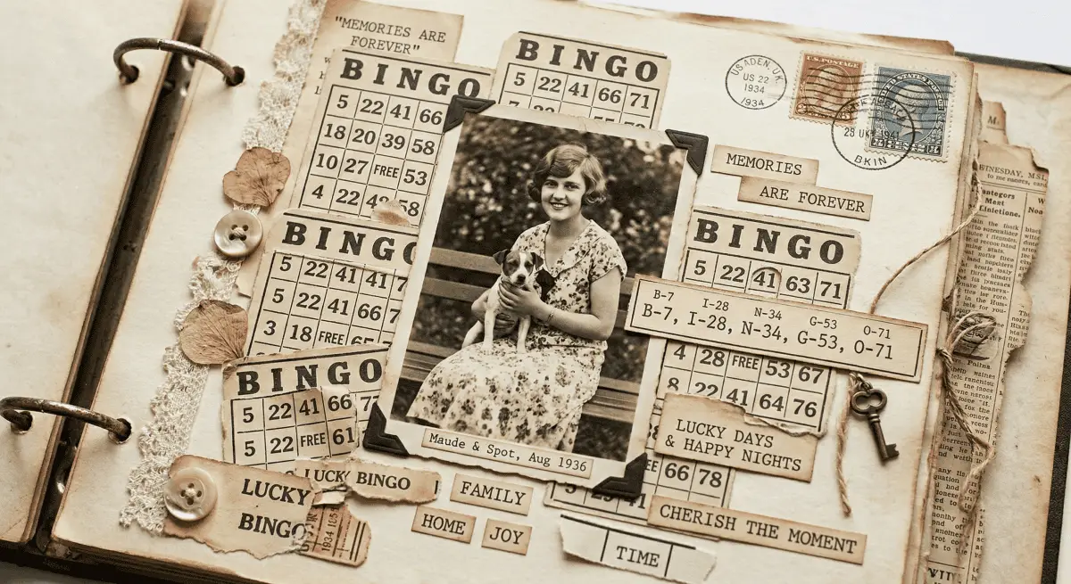 A scrapbook page featuring a photograph and decorative elements from bingo cards.