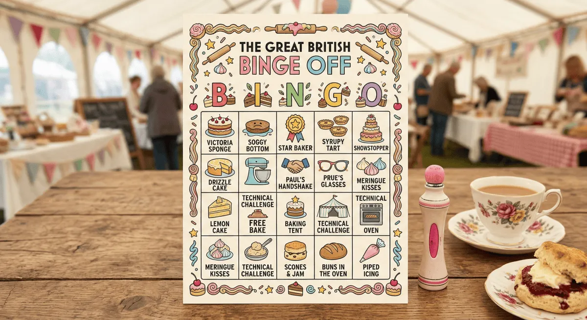 Bake Off themed bingo card with bakes and phrases.