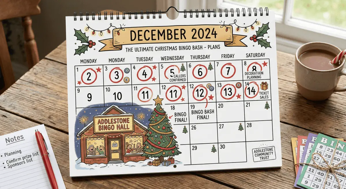 A festive calendar marking out Christmas bingo event dates.