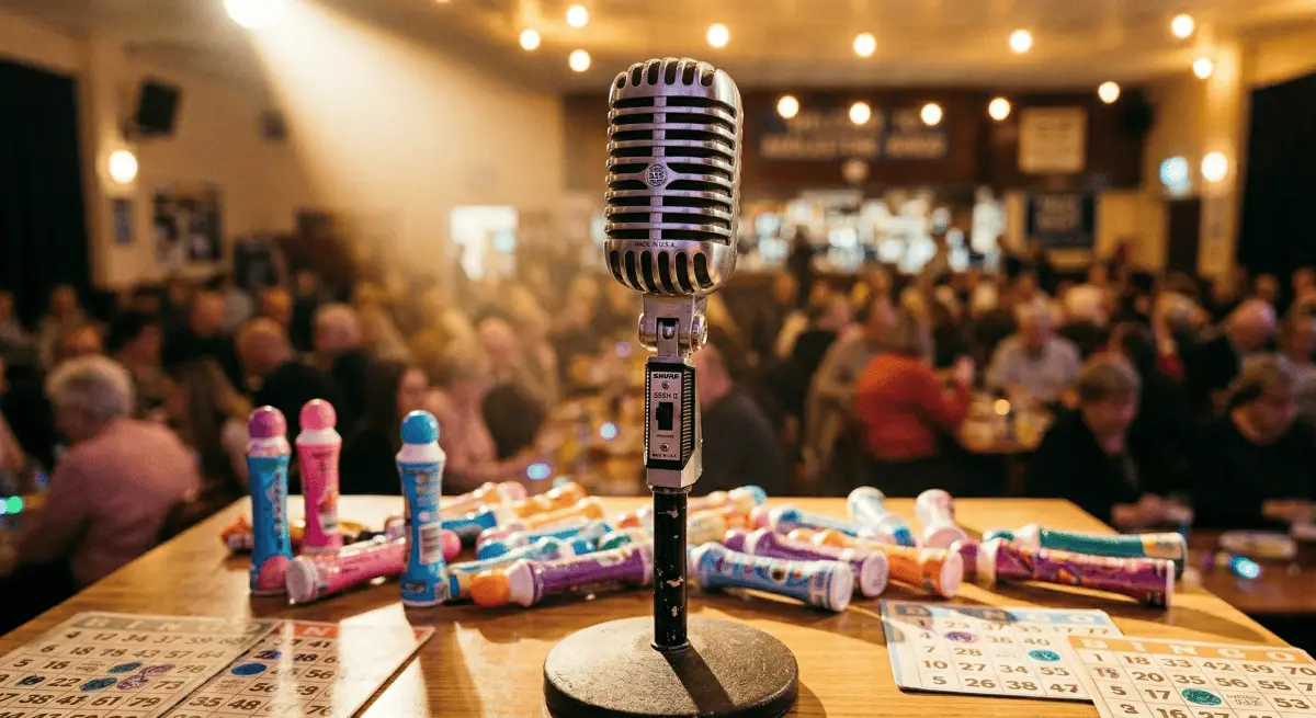 Vintage microphone with bingo elements in the background.
