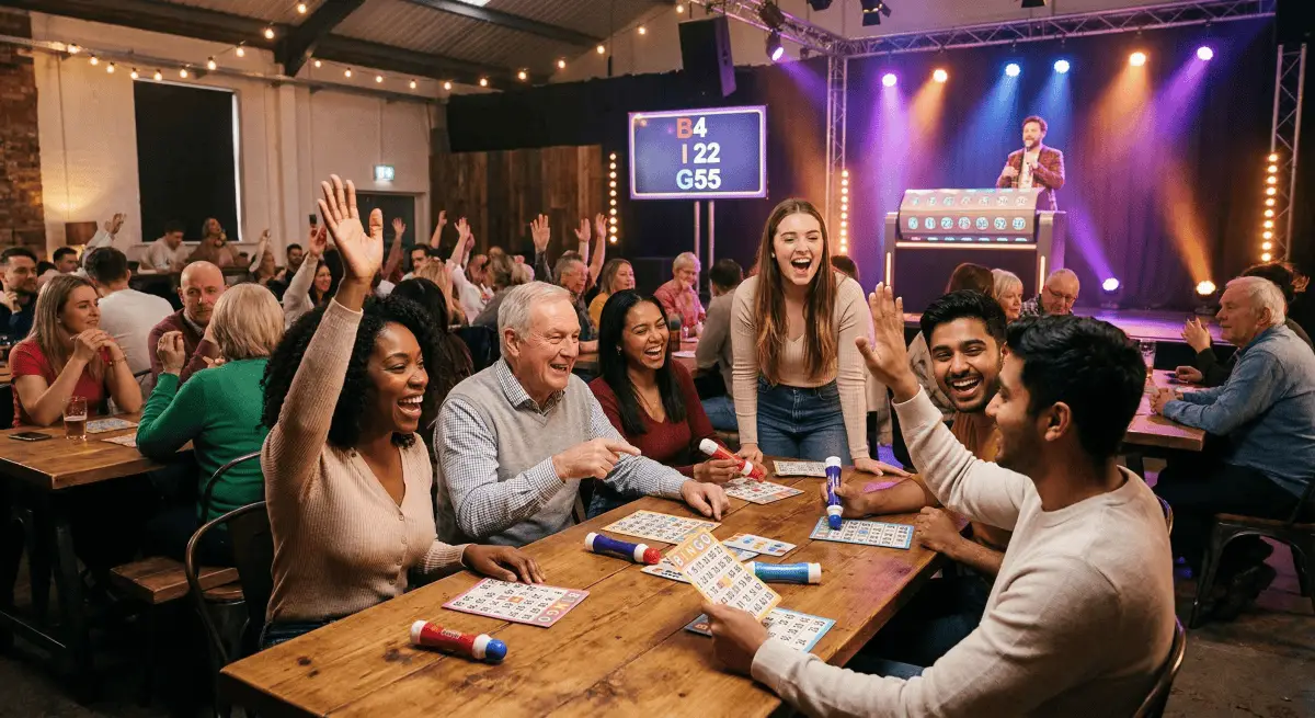Lively modern bingo night with diverse, happy players.