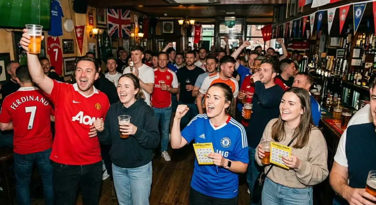 A diverse crowd of pub-goers reacting to a football match.