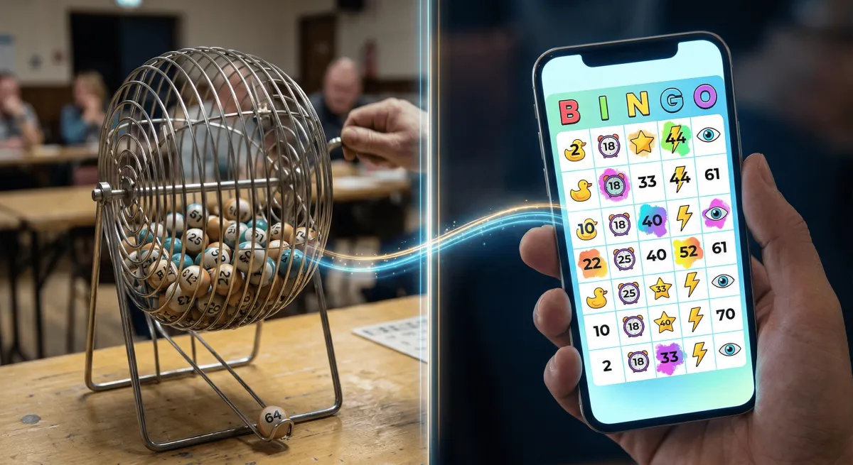 A spinning bingo machine facing a glowing digital card shows how the game's timeless charm doesn't resist the modern world, it simply finds new ways to play in it.