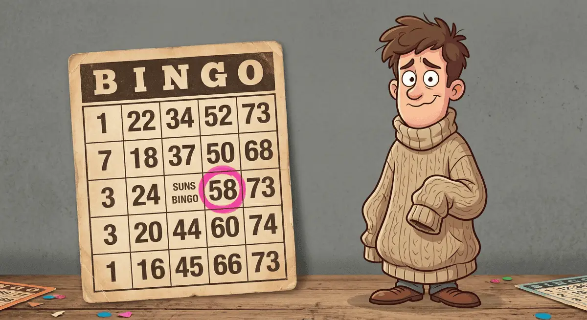 Cartoon character in a beige jumper looking awkward.