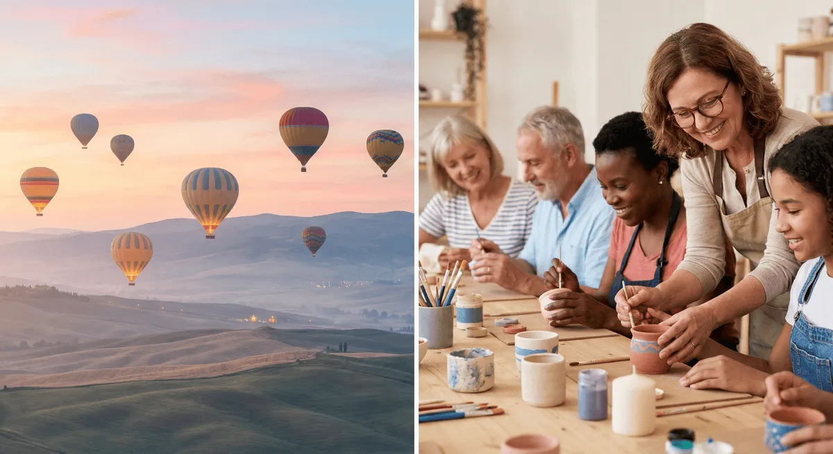 An aspirational scene of hot air balloons at dawn and a creative workshop.