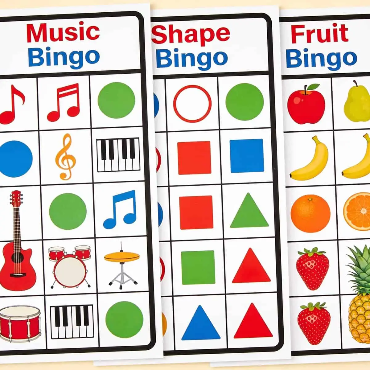 Themed bingo cards for colours, shapes, and music.