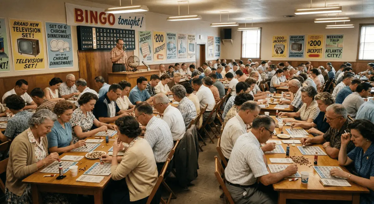 1950s American bingo hall scene.