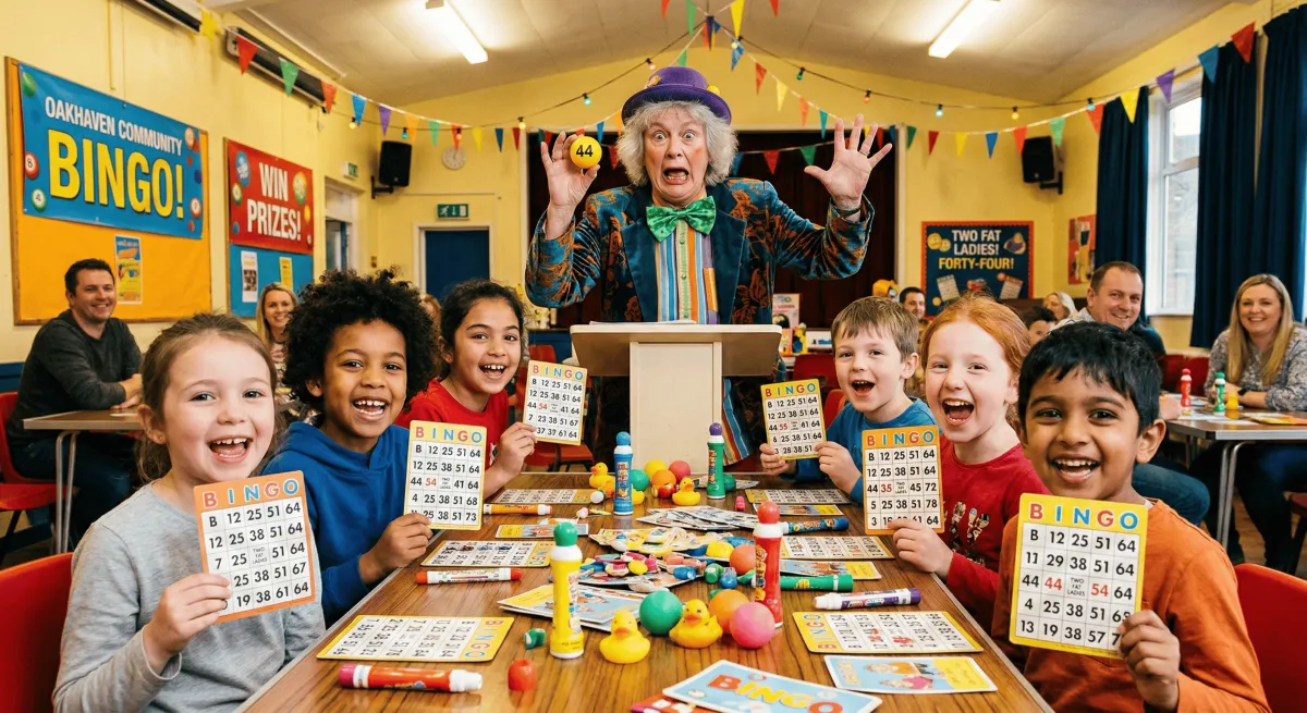 An eccentric caller pulling funny faces proves that kids' bingo isn't really about numbers, it's about making every moment feel like the best game ever played.