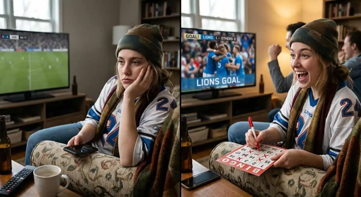 A fan finding excitement in a dull game through a bingo card.