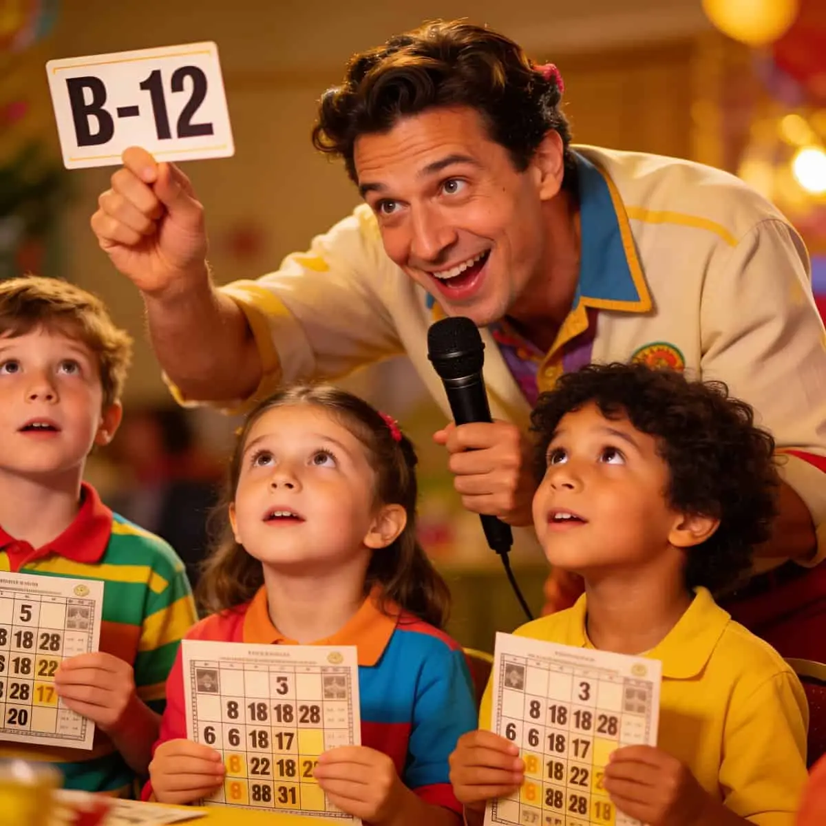 Adult caller engaging children with bingo numbers.
