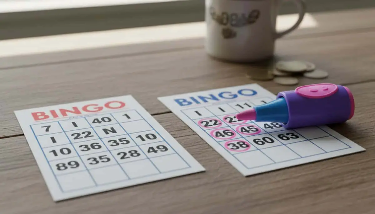 Unused and partially filled bingo cards with a dabber.