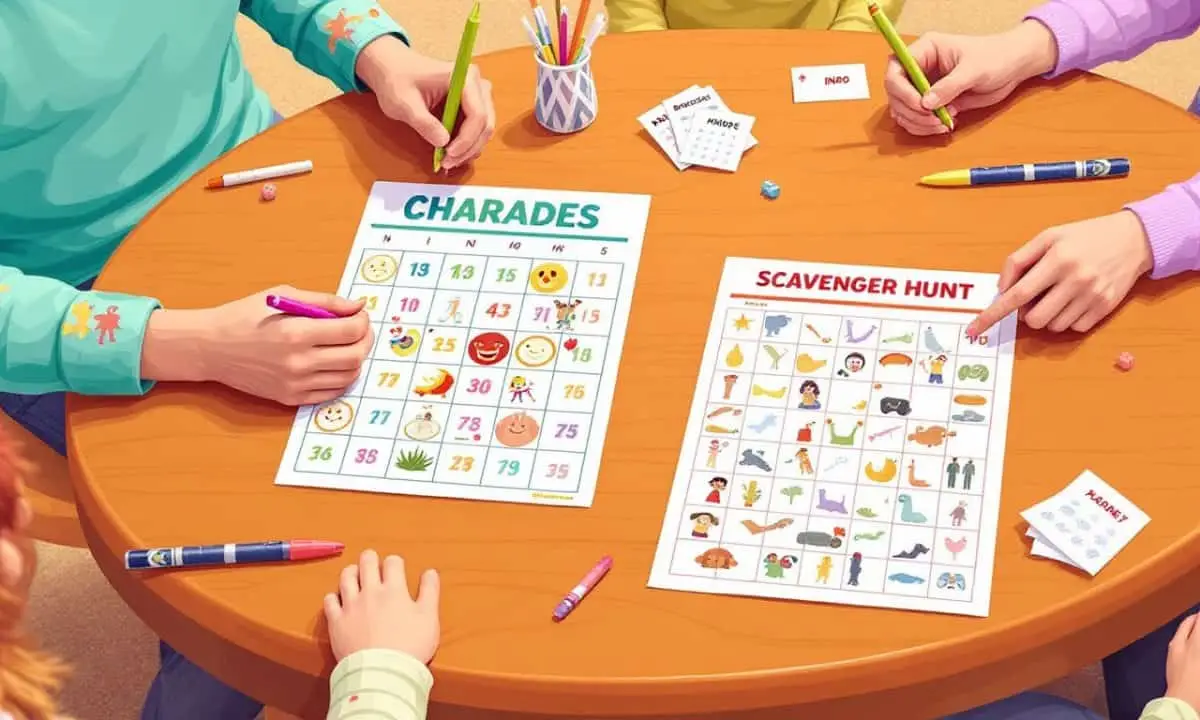 Bingo cards being used as aids for charades and a children's scavenger hunt.