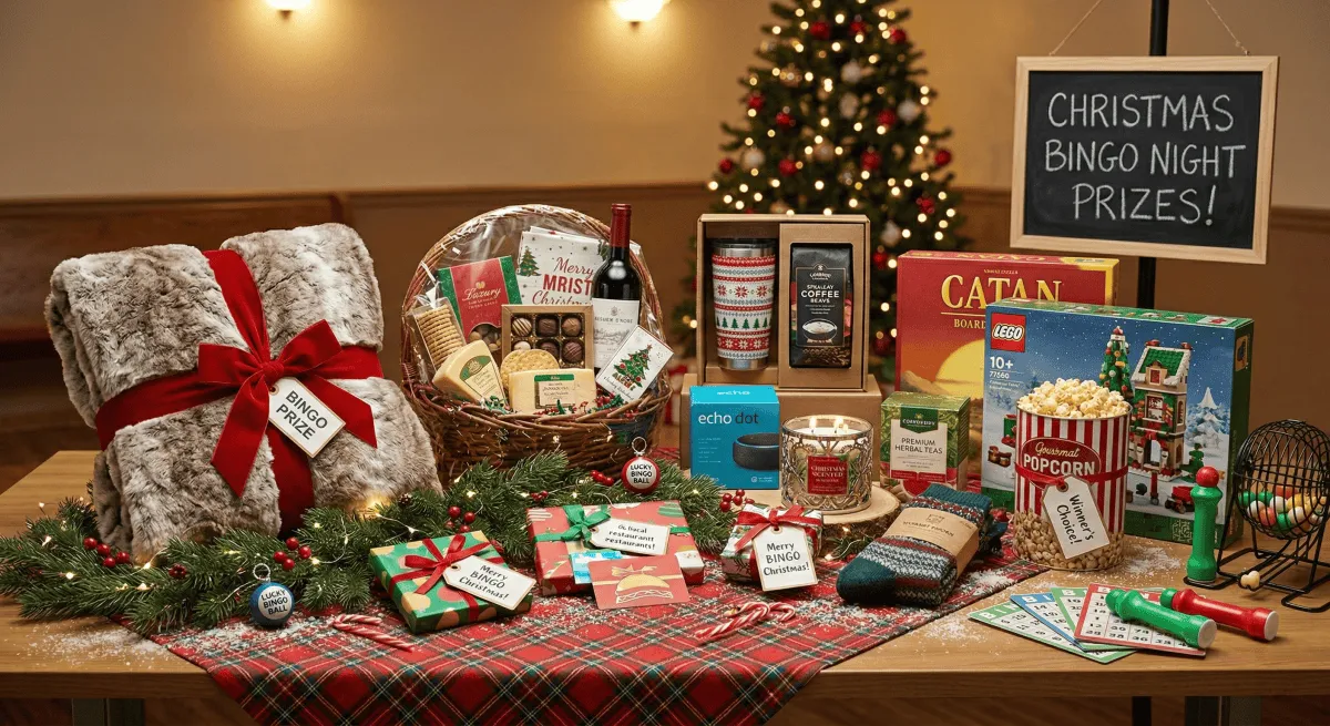 A tempting array of Christmas bingo prizes.