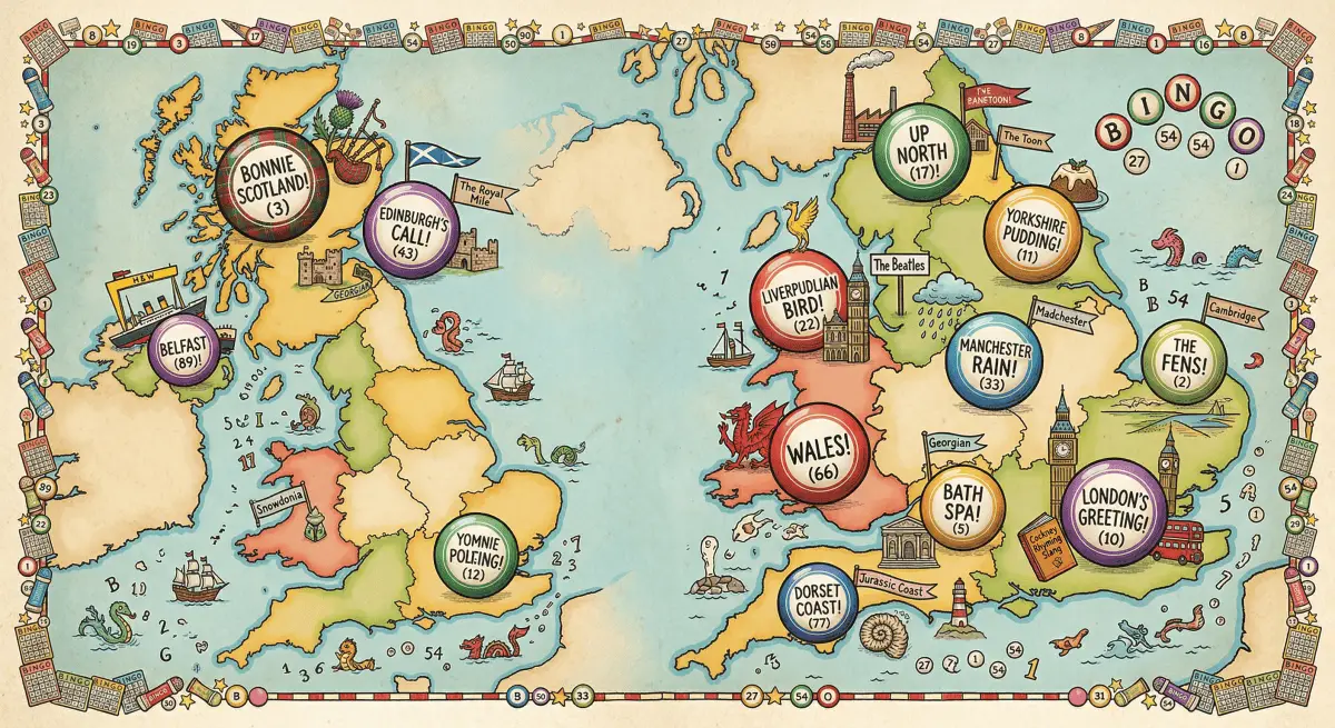 Map of the UK with regional bingo calls.