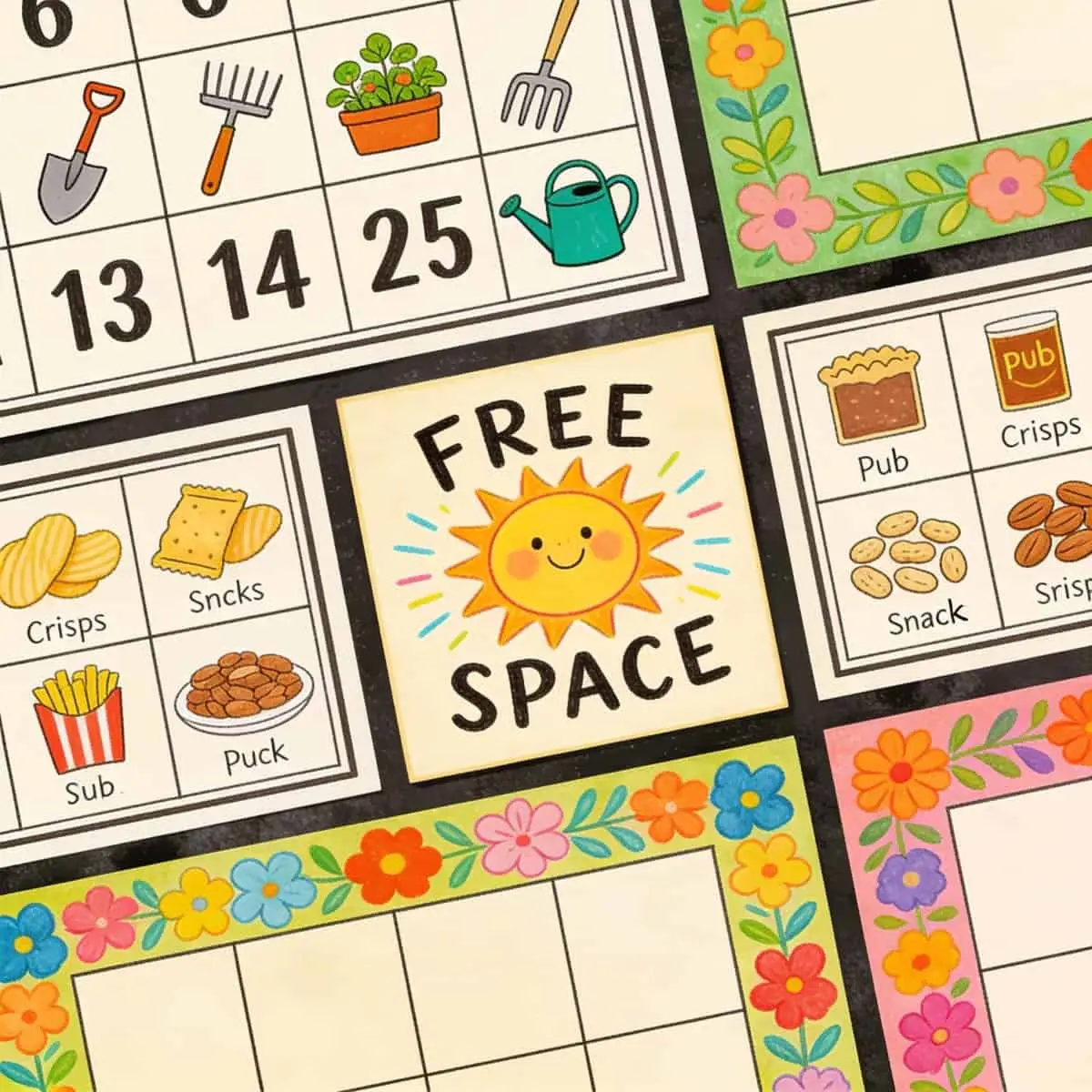 Collage of creative bingo card design elements: themed illustrations, colourful borders, and a special free space.