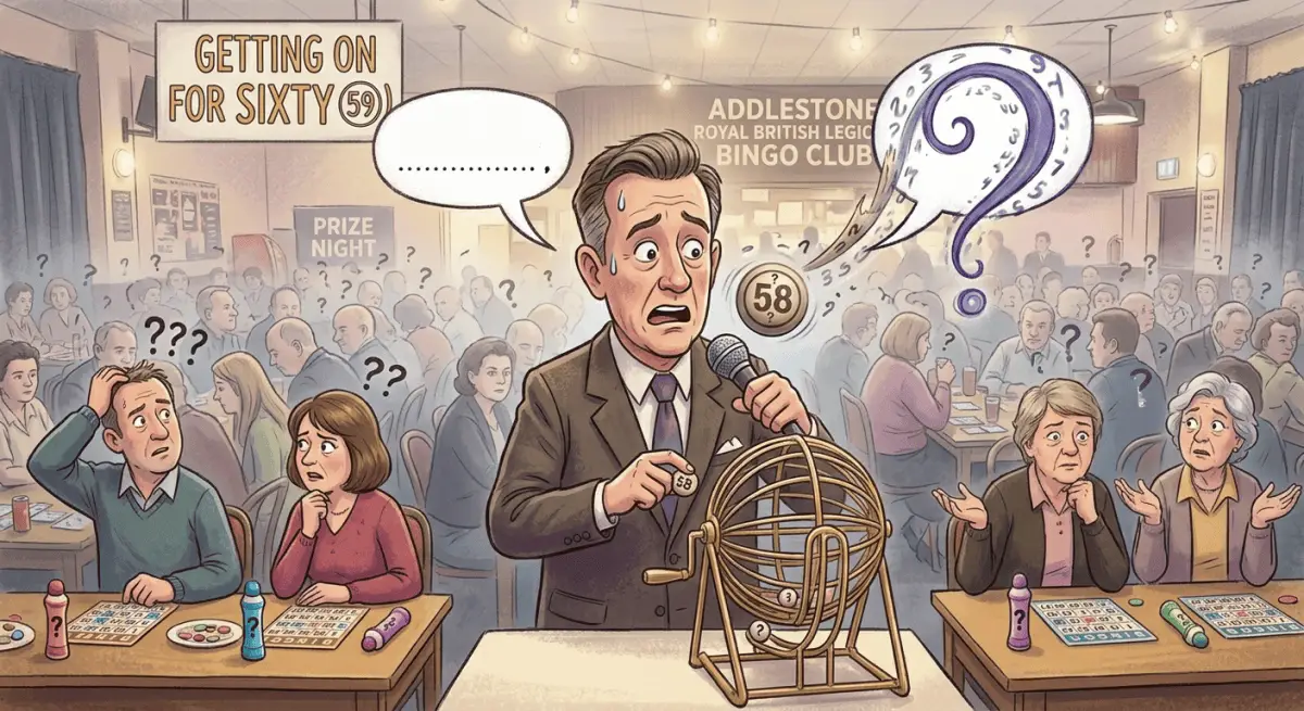 Flustered bingo caller with a blank speech bubble.