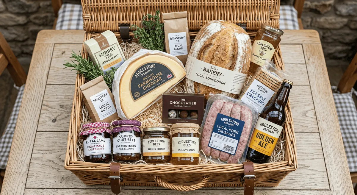 A bountiful hamper filled with high-quality local food products.