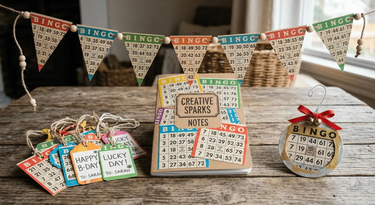 Handmade decorations crafted from bingo cards, including gift tags and bunting.