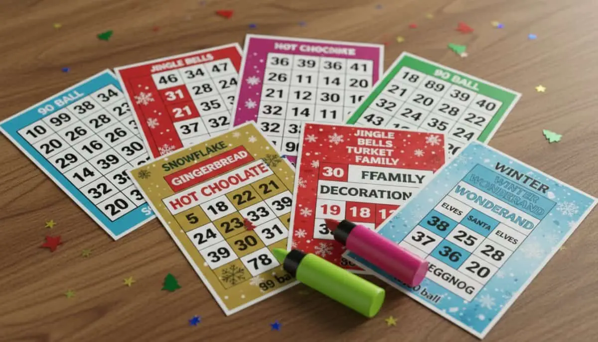 A selection of Christmas-themed bingo cards.