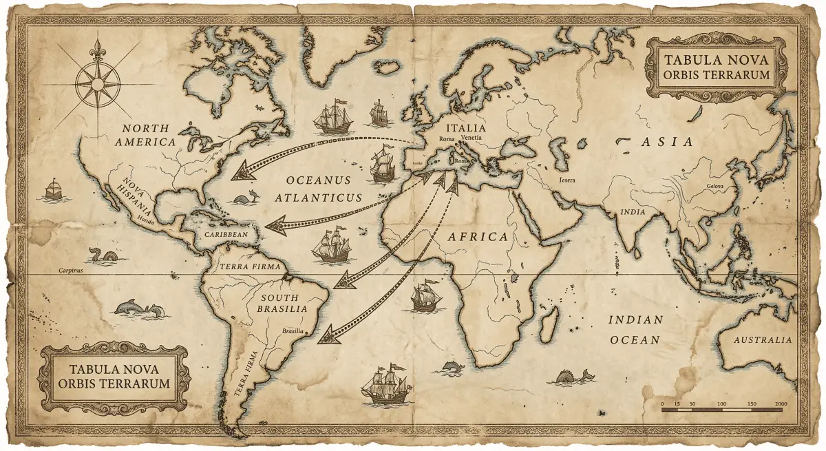 Vintage map showing game's journey from Italy to America.