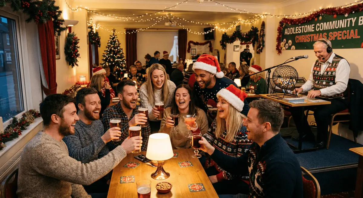 People mingling and socialising between bingo games at a Christmas party.