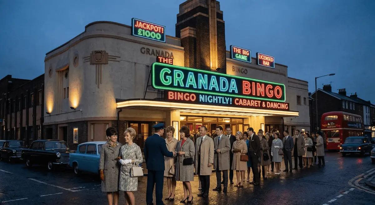 Glamorous 1960s British bingo hall exterior.