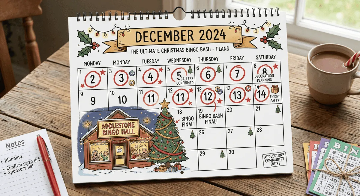 A festive calendar marking out Christmas bingo event dates.