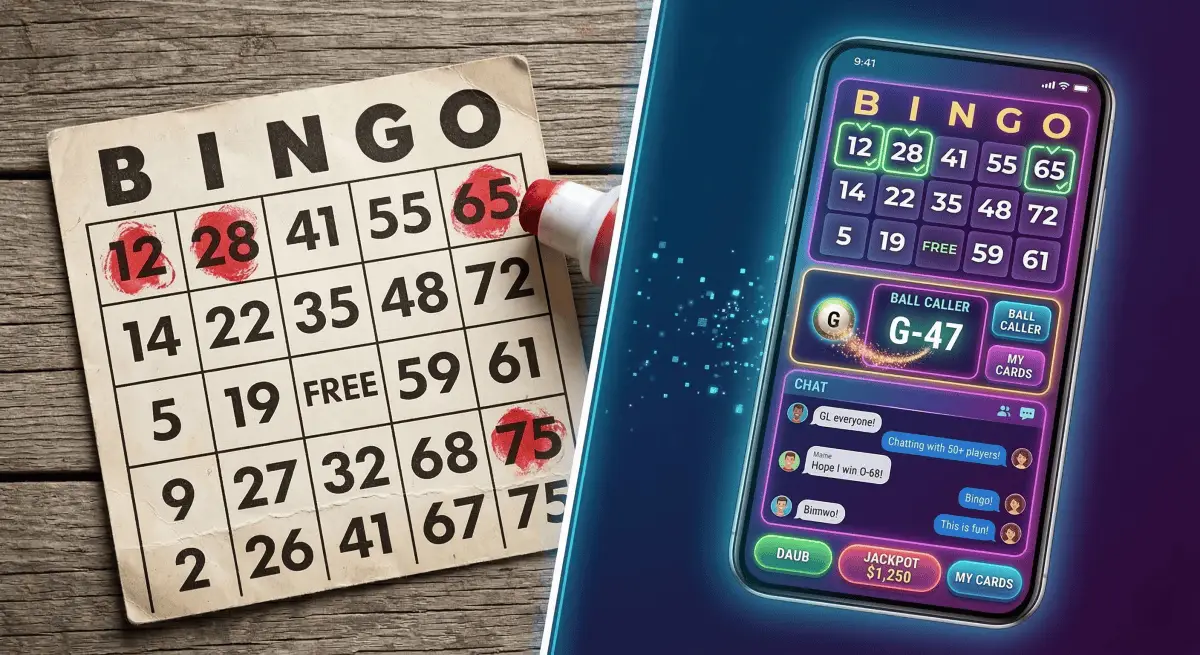 Split image showing traditional and online bingo game interfaces.