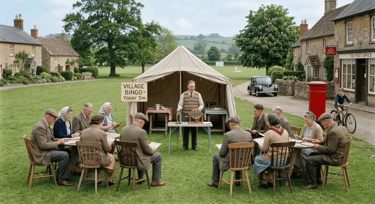 1950s British village fete bingo tent.
