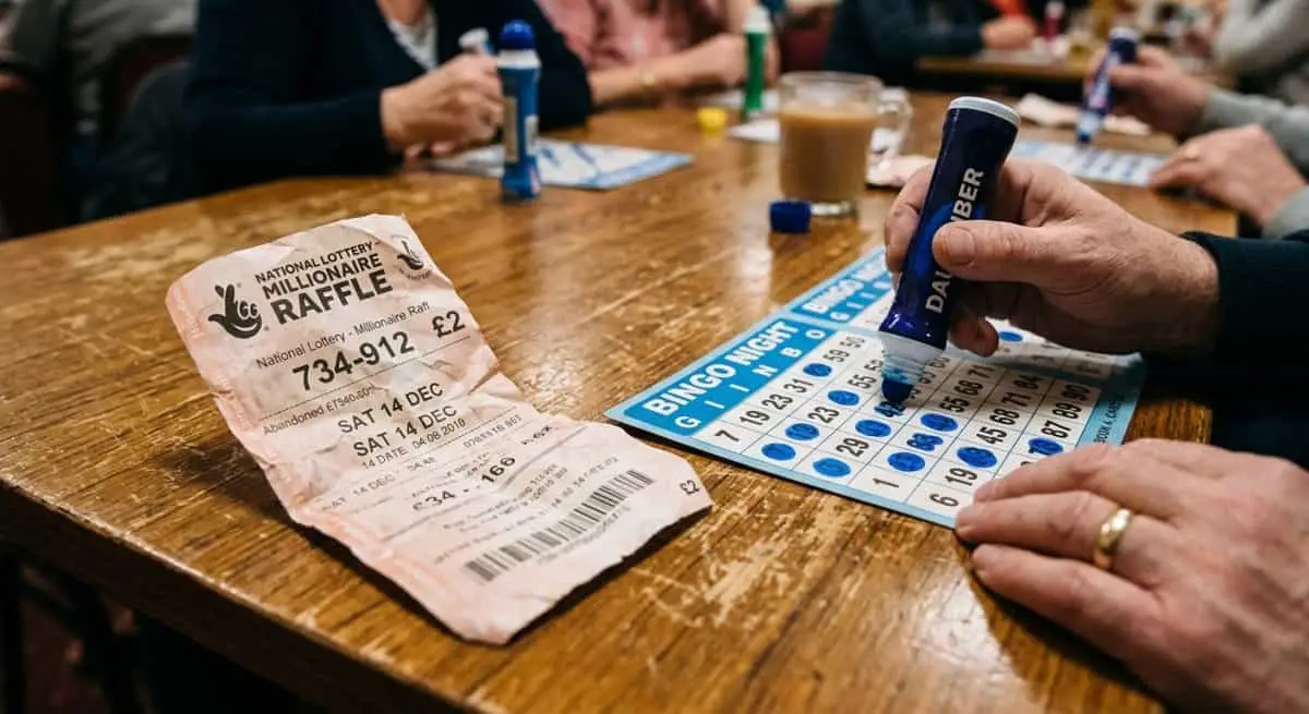 A bingo card being used while a sweepstake ticket sits ignored.