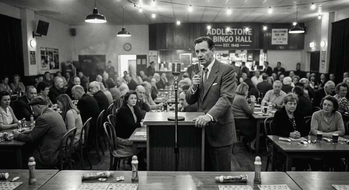 Post-war bingo hall with a caller.