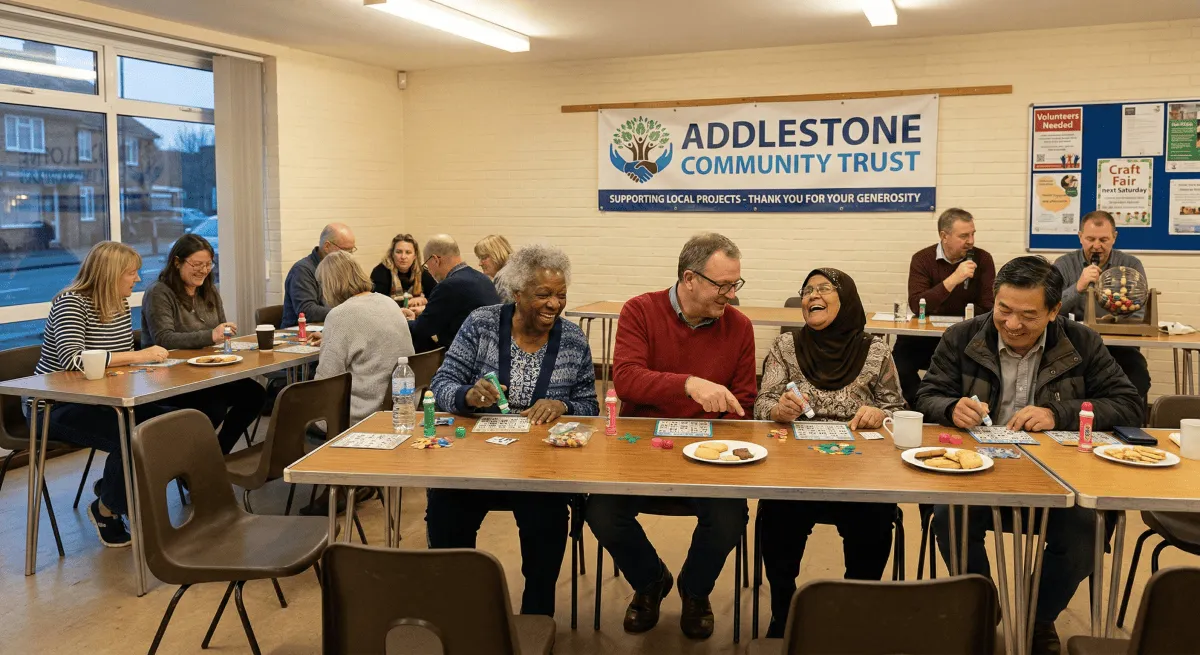 People of all ages laughing and chatting at a community centre bingo night.