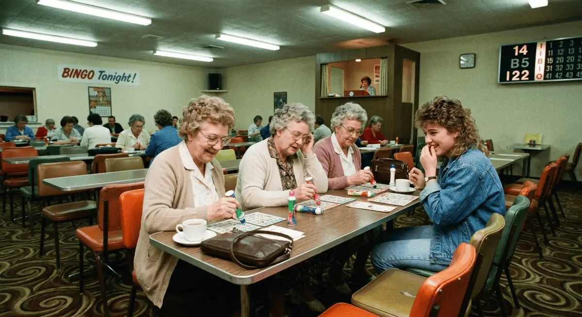 Dated 1980s bingo hall interior with a touch of amusement.